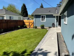 Fenced yard, new concrete walkway