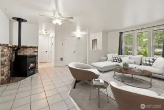 Pellet stove heats the entire house and was recently serviced.