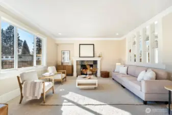 Large family room with gas fireplace