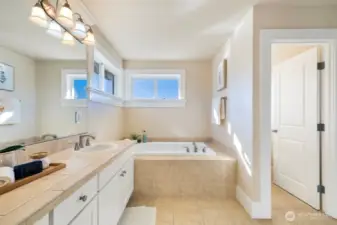 Primary bath with extra deep soaking tub, private shower, walk in closet, dual sinks
