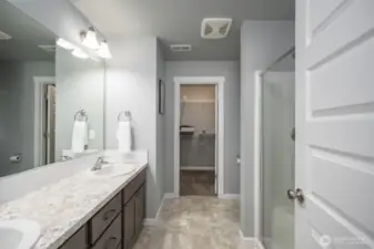 The primary bath features a double vanity and large shower.