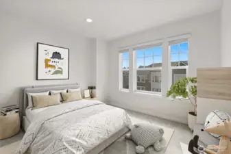 Another bedroom on the upper third level (virtually staged)