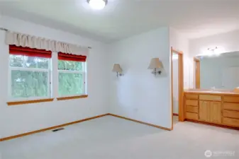 Large primary bedroom with new carpet and en-suite vanity and bathroom.