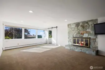 Lower level rec room with floor to ceiling fireplace