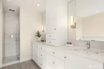 Primary bathroom with heated floors and towel warmer!