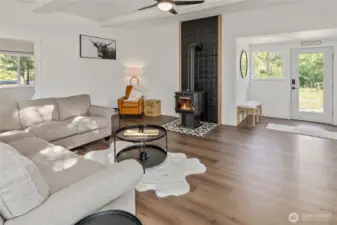 Cozy free-standing wood stove creates a warm atmosphere.