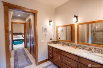 Primary double vanity bath with walkin closets