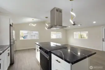 Center island with stainless hood fan