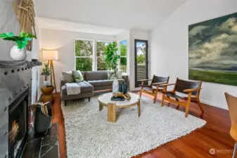 Upstairs to the large living room with vaulted ceilings