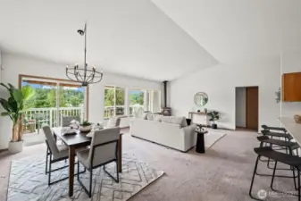 Adjacent dining area offers water views