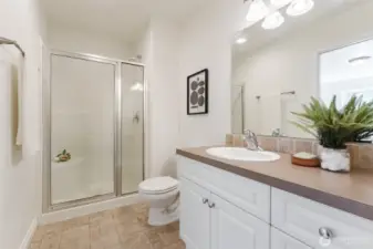 The no-step shower provides convenience