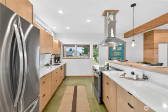 Kitchen with quartz countertops.