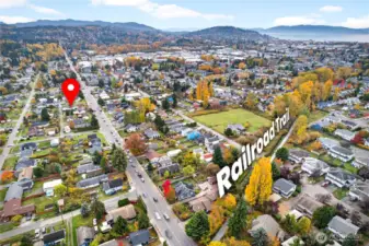 Arial view of the neighborhood from Railroad Trail, looking South West back towards the home and Bellingham.