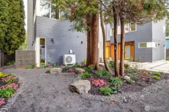 Vertical corner windows summon light. All the homes have air conditioning and efficient, high-end systems.