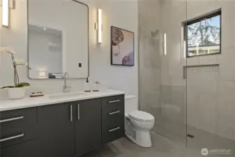 Studio guest suite ensuite 3/4 bath with heated tile floors