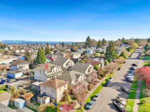 Aerial view highlighting surrounding homes and location