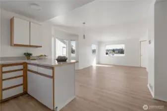 Entry into Open Space Floor Plan with Vaulted Ceiling, plus vinyl plank flooring throughout the condo.