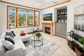 Family room off kitchen with cozy gas fireplace