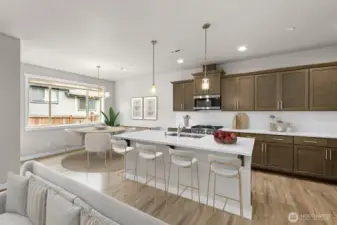 Virtually staged kitchen and dining room.