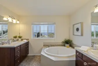 primary en-suite bath is a 5 piece bath with separate sinks, a soaking tub, shower and WC with its own door for privacy