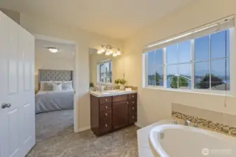 Soak in the large bathtub and enjoy views of the lake