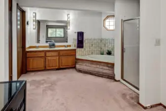 Open Concept Primary Bath. Double Sinks, Large Soaking Tub and Separate Shower. The Toilet Room door is on the left of the picture next to the vanity.