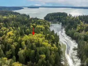 The property includes 280 feet of high bank waterfront, with Herron Island and Case Inlet beyond.