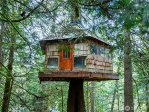 An elevated sanctuary with wrap-around deck, this one-of-a kind hand-built structure is included on the property.