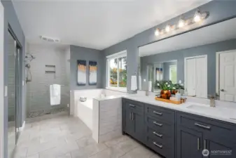 The primary bathroom was recently given a facelift for a very contemporary vibe.