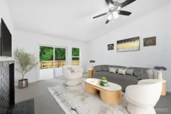 Virtually staged. Bright and open living space with vaulted ceilings.