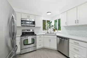Modern kitchen with quartz countertops.