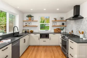 Recent Kitchen Remodel. Honed Quartz Counters, Custom Floating Shelves, Mosaic Backsplash