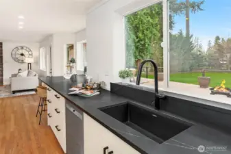 Recent Kitchen Remodel. Honed Quartz Counters, Custom Floating Shelves, Mosaic Backsplash