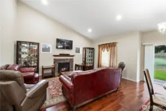 Tall ceilings, tons of lighting and a propane fireplace.