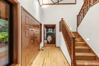 Skylights and cedar: a perfect pairing. The overhead glazing ensures the rich wood tones feel vibrant and expansive in this gorgeous foyer.