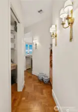 herring bone wood floors upon entry