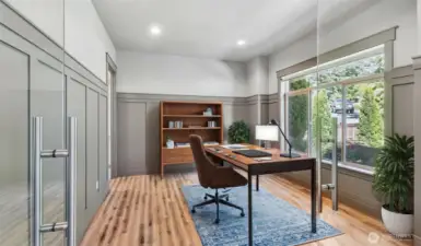 Great main floor office with glass doors, virtual staging.