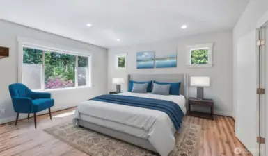 Virtually staged primary bedroom, very spacious.