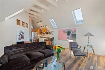 Apartment living room with skylights.