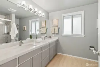 Upstairs hall bath has been redone with walk in shower and updated finishes