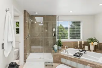 The huge walk in shower and soaking tub are waiting to provide a relaxing spa experience.