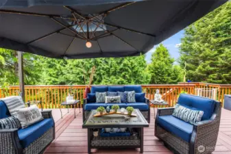 The tree lined backyard extend privacy for the entire deck.