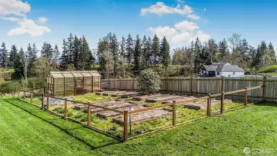 The fenced in garden and a greenhouse. The perfect space!