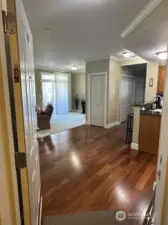 Condo #204 is a few steps from the elevator. As you walk into the condo it feels very spacious with the 9' ceilings and light from all the windows.  The flooring is stunning Brazilian Cherry engineered hardwood which is known for its durability! In other words, it isn't LVP type..