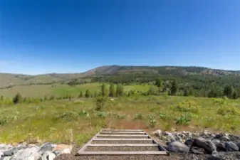 Stairway to heavenly views of meadow and mountains.