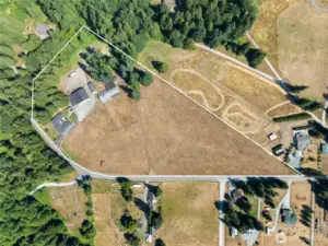 Aerial image outlining full 10-acre estate, including both tax parcels.