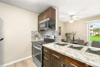 Open kitchen with pass-through to the dining room.