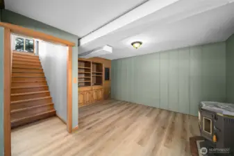 Lower level space with pellet burning stove.