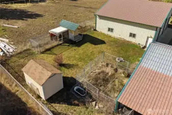 Overhead view between outbuildings, shed & chicken coop.