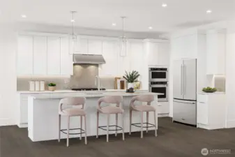 Rendering of the kitchen with an oversized island with an eating bar, quartz countertops, and a walk-in pantry.